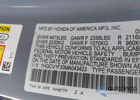 2021 Honda Accord Sport from USA, damaged, VIN 1HGCV1F30MA043423